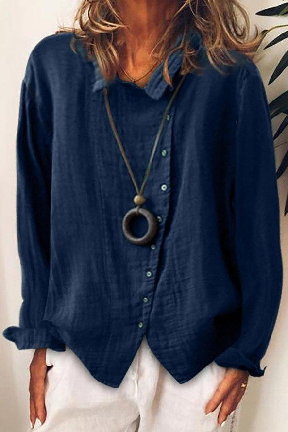 Women’s Linen Button-Down Shirt with Angled Hem