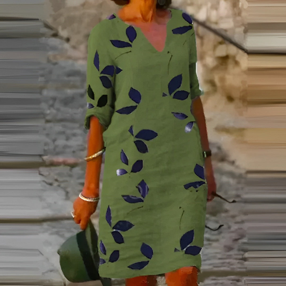 Women’s V-Neck Mini Dress with Leaf Print