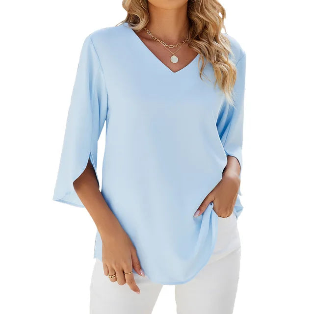 Women’s V-Neck Summer Blouse with Sleeve Detail