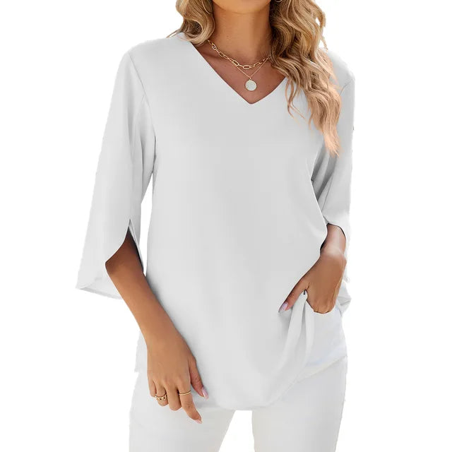 Women’s V-Neck Summer Blouse with Sleeve Detail