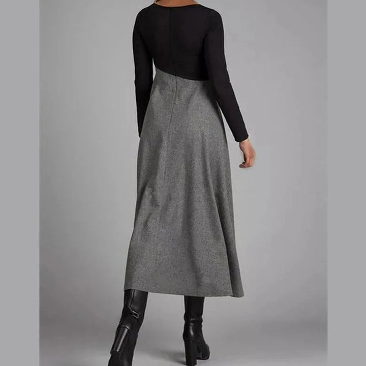 Women’s Midi Dress with Long Sleeves and Pleated Skirt