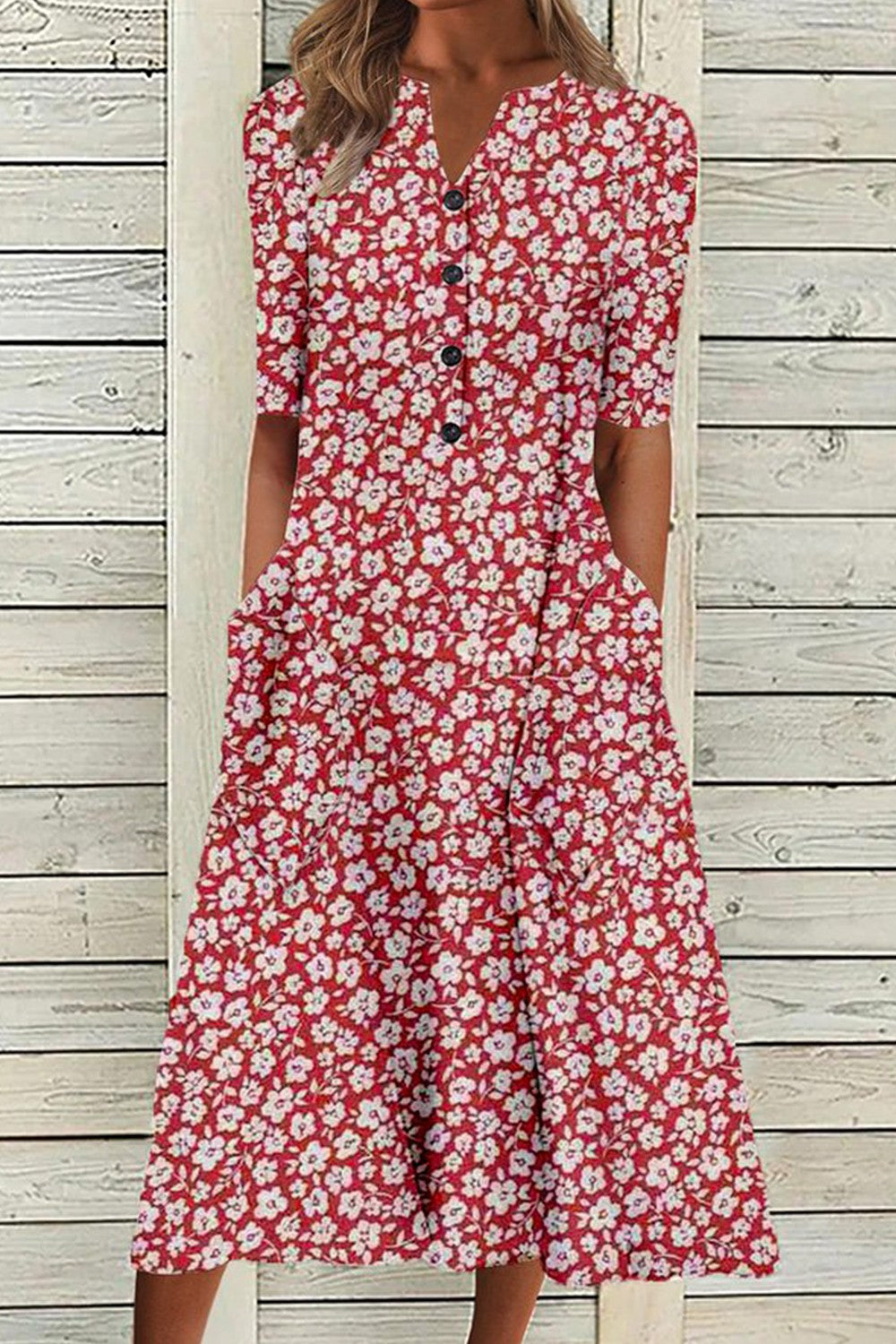 Women’s Floral Print Midi Dress with Pockets