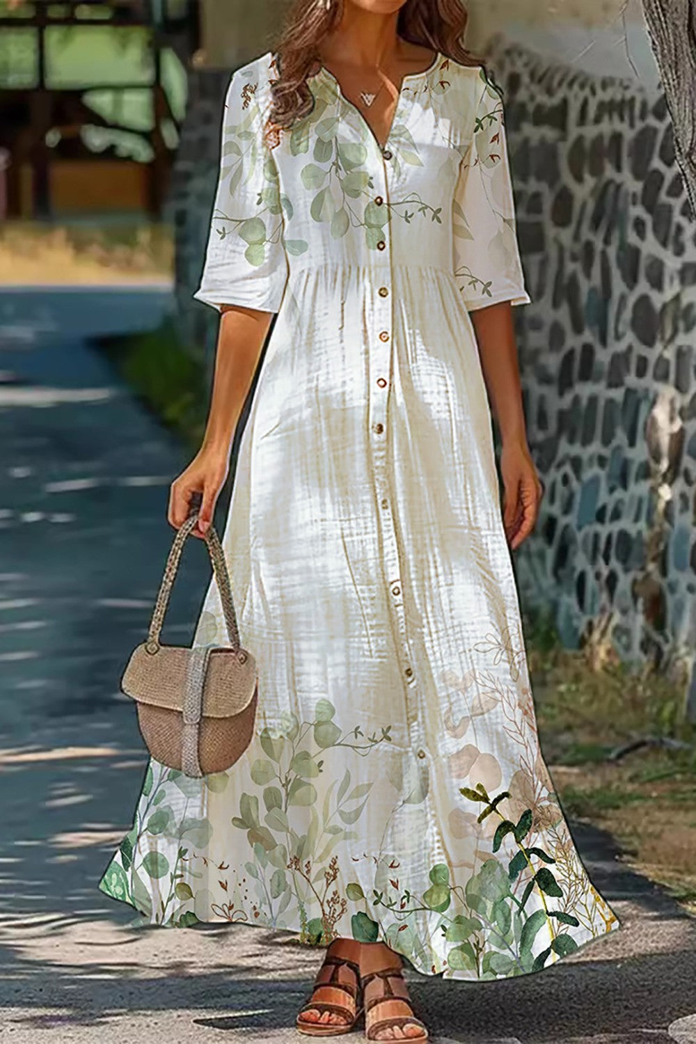 Women’s Botanical Print Linen Maxi Dress