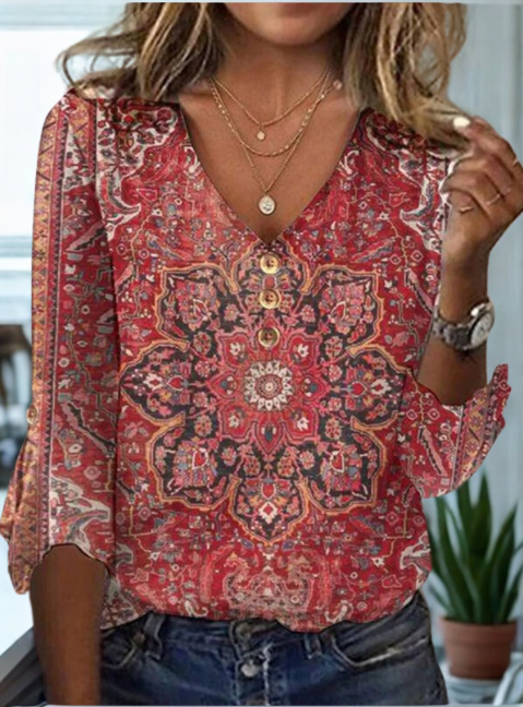 Women’s Floral Pattern V-Neck Shirt