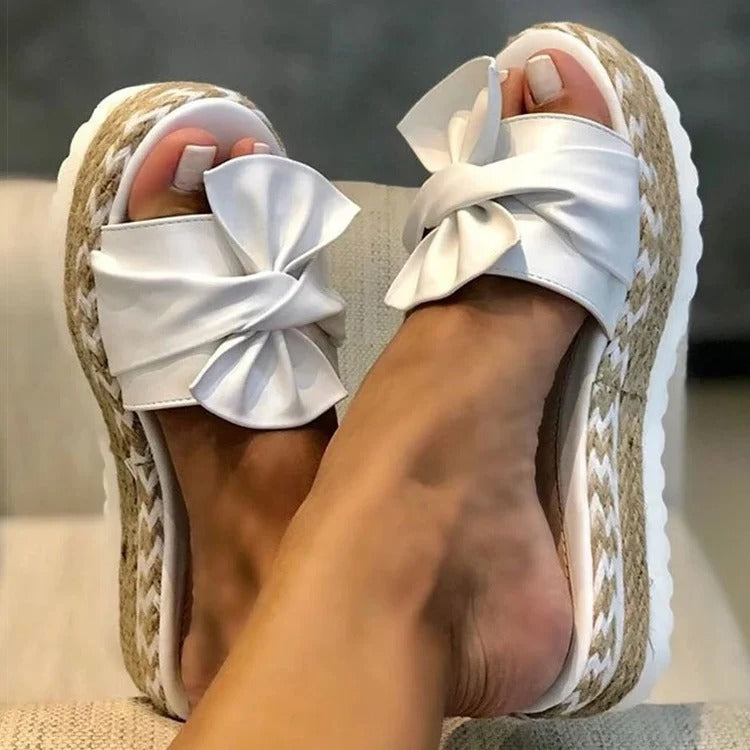 Women’s Platform Slip-On Sandals with Braided Sole and Bow Detail