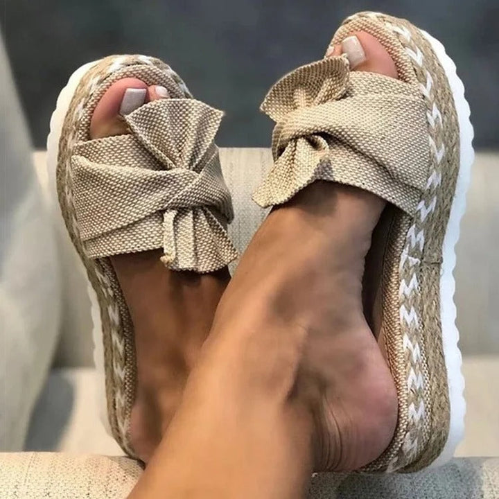 Women’s Platform Slip-On Sandals with Braided Sole and Bow Detail