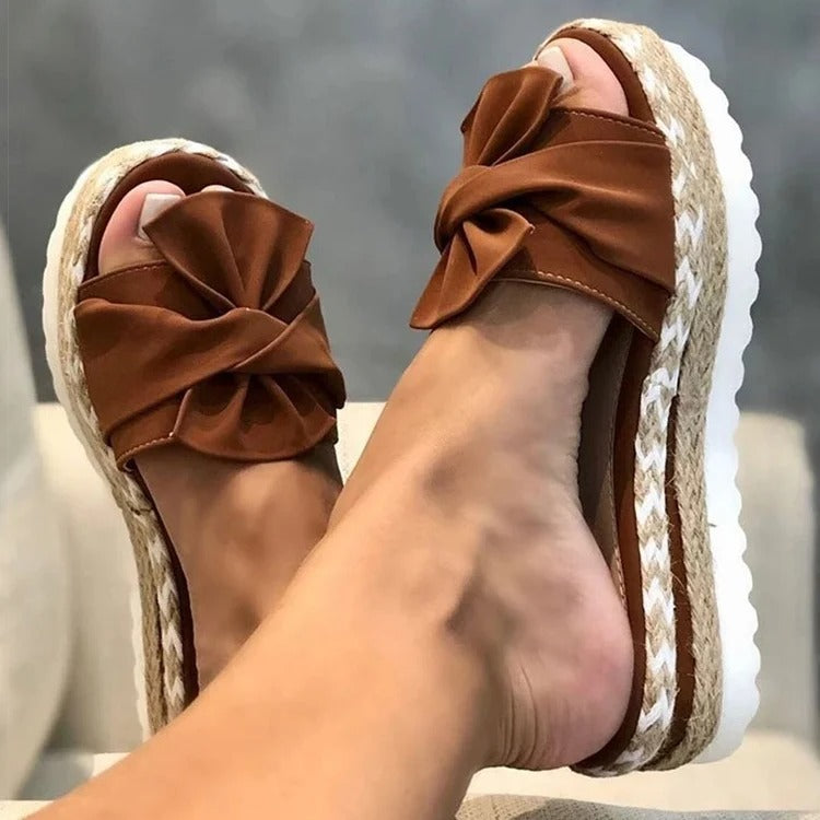 Women’s Platform Slip-On Sandals with Braided Sole and Bow Detail