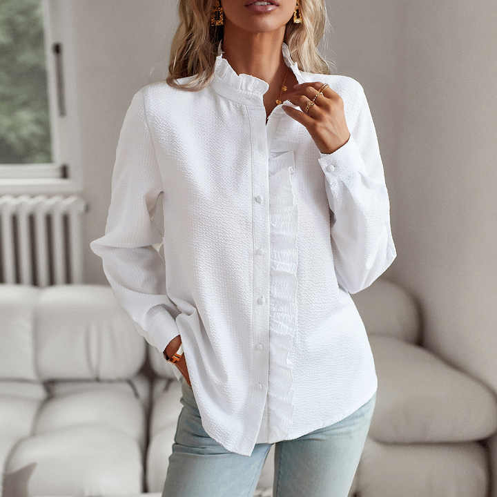 Women’s Button-Down Shirt with Pinstripe and Ruffle Detail