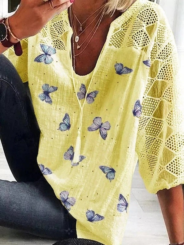 Women’s V-Neck Printed Blouse with Lace Detail