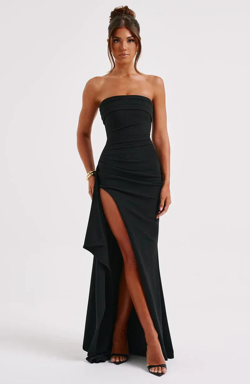 Women’s Strapless Maxi Dress with Side Slit for Summer