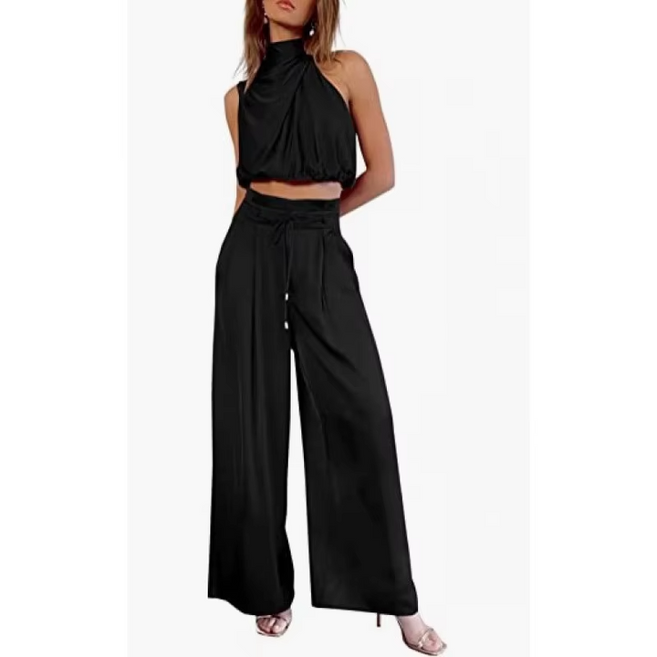 Women’s Two-Piece Set with Draped Crop Top and Pleated Pants