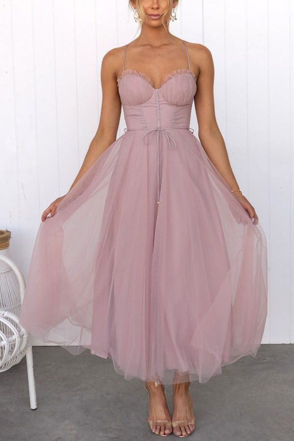Women’s Sweetheart Neckline Midi Dress with Tulle Skirt