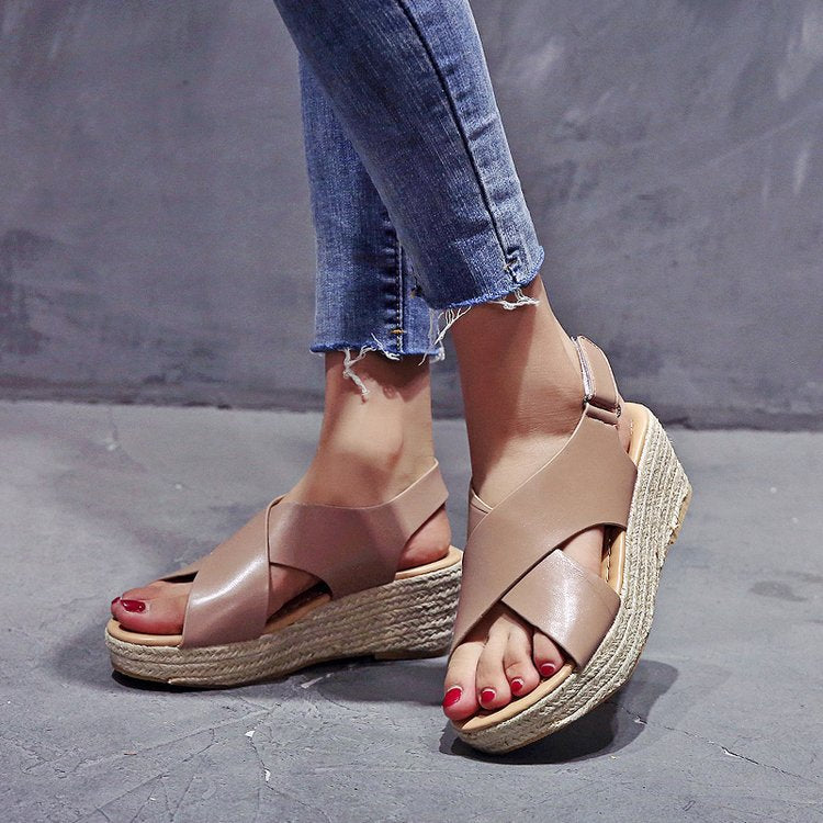 Women’s Open Toe Wedge Sandals with Cross-Strap Upper