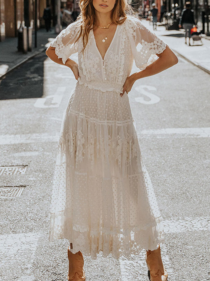 Women’s Short Sleeve Lace Midi Dress with V-Neck and Tiered Skirt