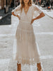 Women’s Short Sleeve Lace Midi Dress with V-Neck and Tiered Skirt