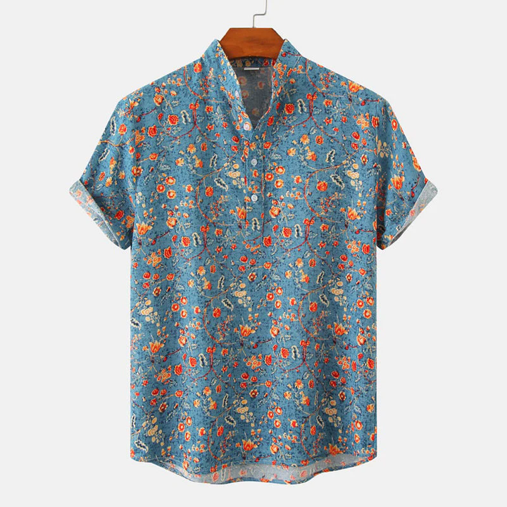 Men’s Short-Sleeved Shirt with Print and Stand-Up Collar