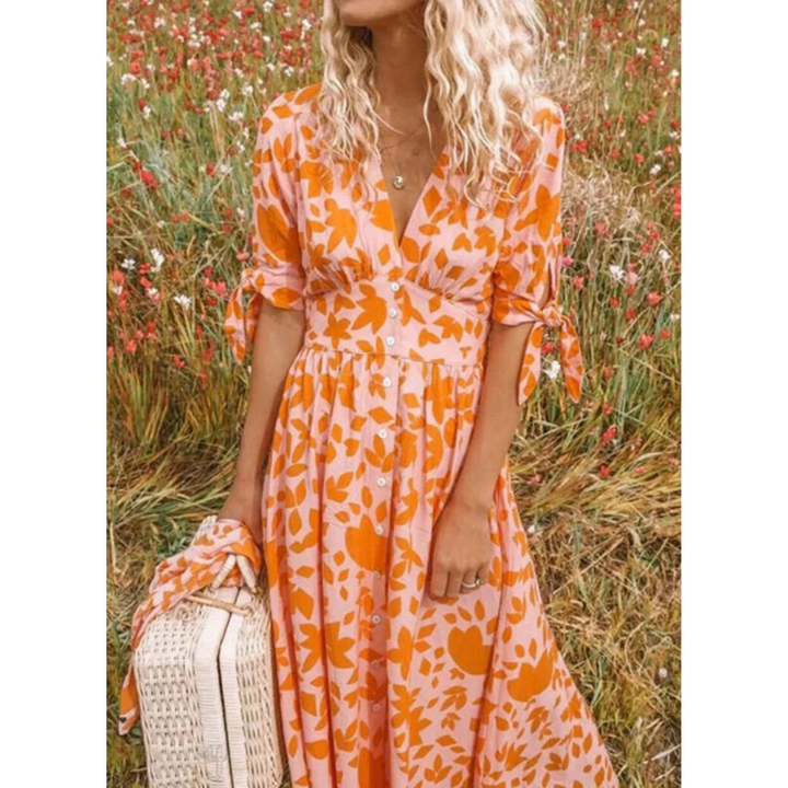 Women's V-Neck Midi Dress with Front Buttons