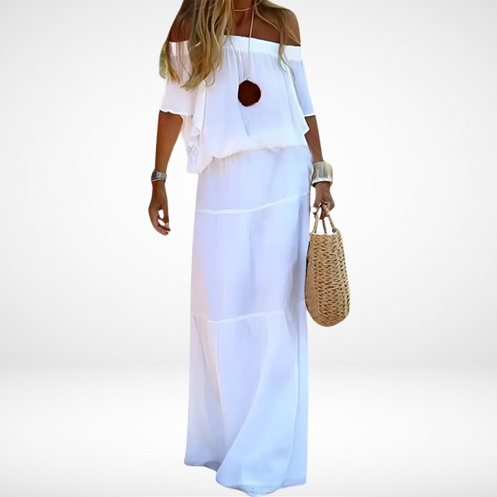 BohoBreeze – Elegant White Off-Shoulder Maxi Beach Dress