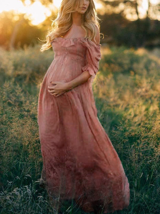 Maternity Off-the-Shoulder Maxi Dress with Ruched Bodice