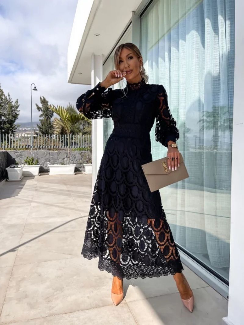 Women’s Midi Dress with Long Sleeves and High Neck