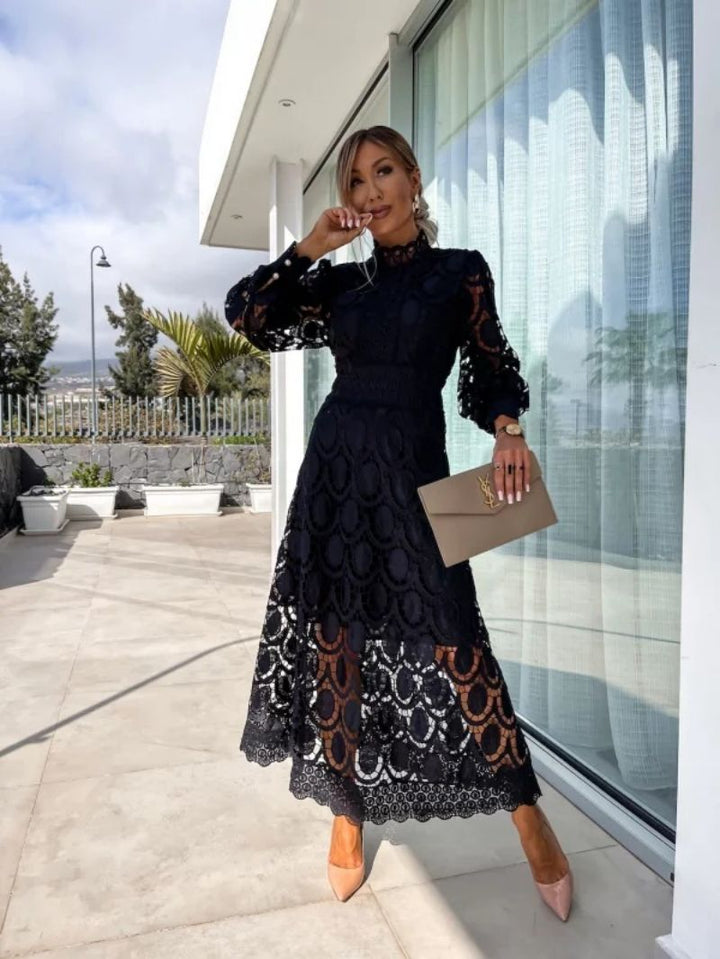 Women’s Midi Dress with Long Sleeves and High Neck