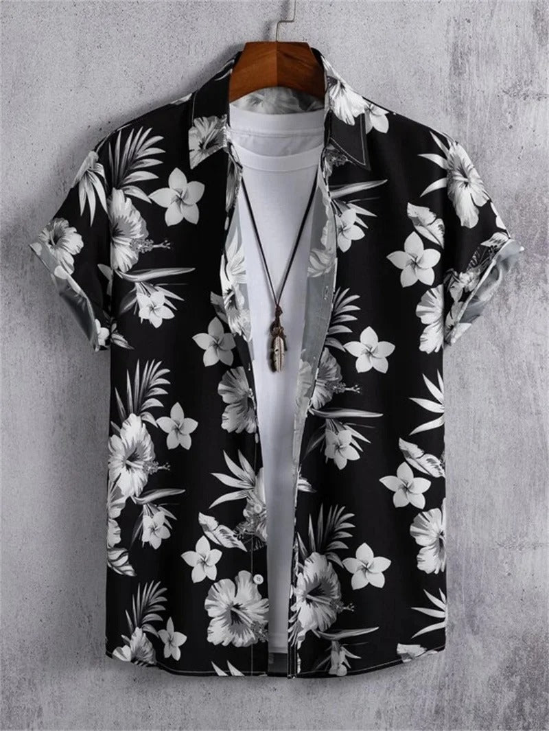 Men’s Short-Sleeved Shirt with Button Placket and Print