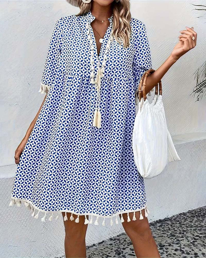 Women’s Mini Dress with V-neck and Tassel Details