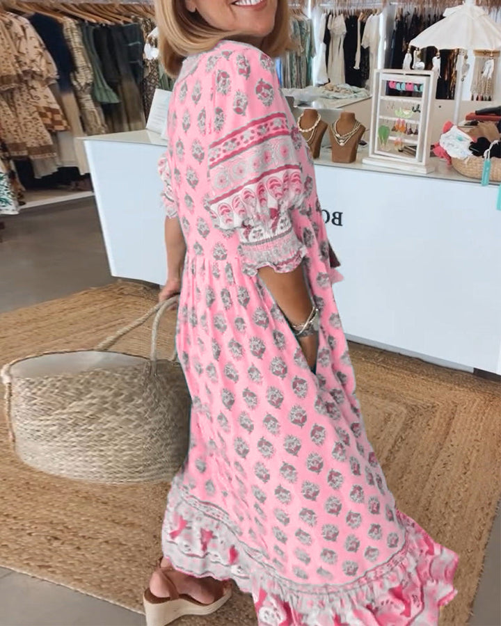 Women’s V-Neck Midi Dress with Puff Sleeves