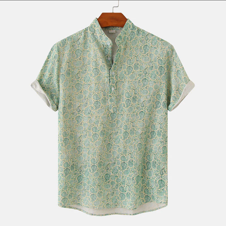 Men’s Short-Sleeved Shirt with Print and Stand-Up Collar