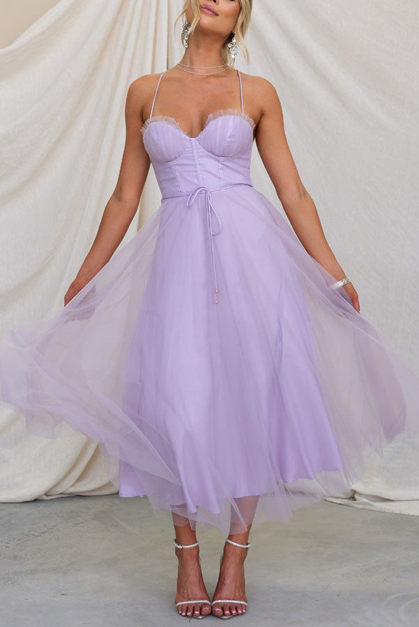 Women’s Sweetheart Neckline Midi Dress with Tulle Skirt
