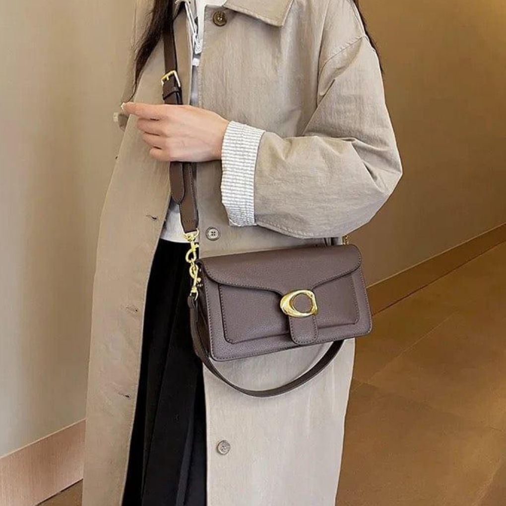 Classic Structured Shoulder Bag with Gold Tone Buckle