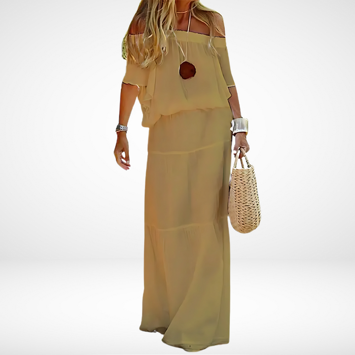 BohoBreeze – Elegant White Off-Shoulder Maxi Beach Dress