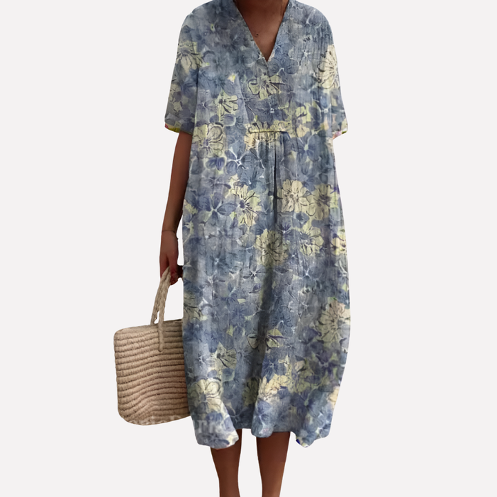 Women’s Floral Summer Dress – V-Neck &amp; Short Sleeves