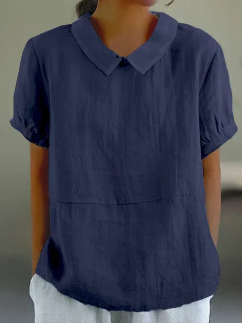 Short Sleeve Linen Blouse with Collar for Women