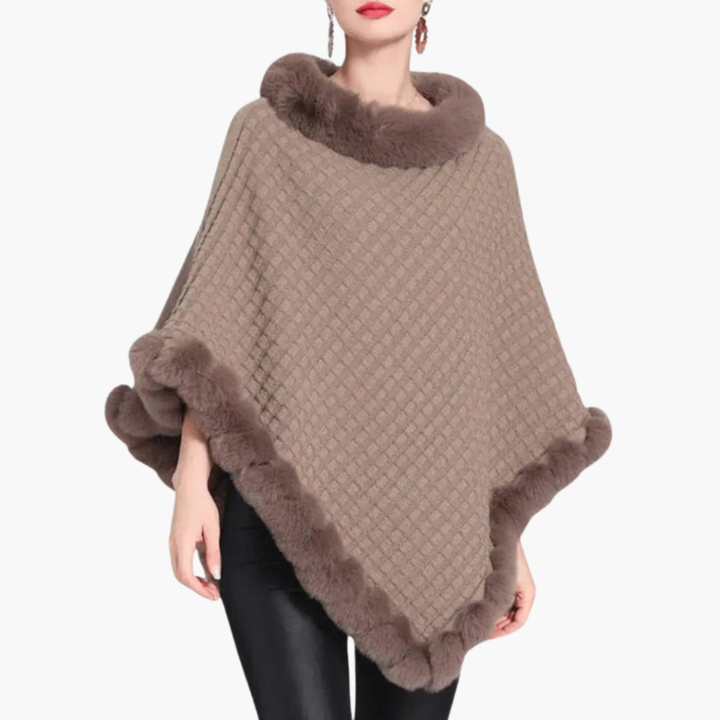 Women’s Knit Poncho with Faux Fur Trim and Oversized Fit