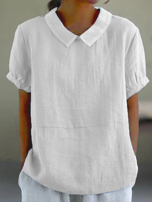 Short Sleeve Linen Blouse with Collar for Women