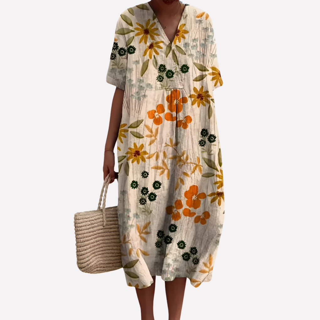 Women’s Floral Summer Dress – V-Neck &amp; Short Sleeves