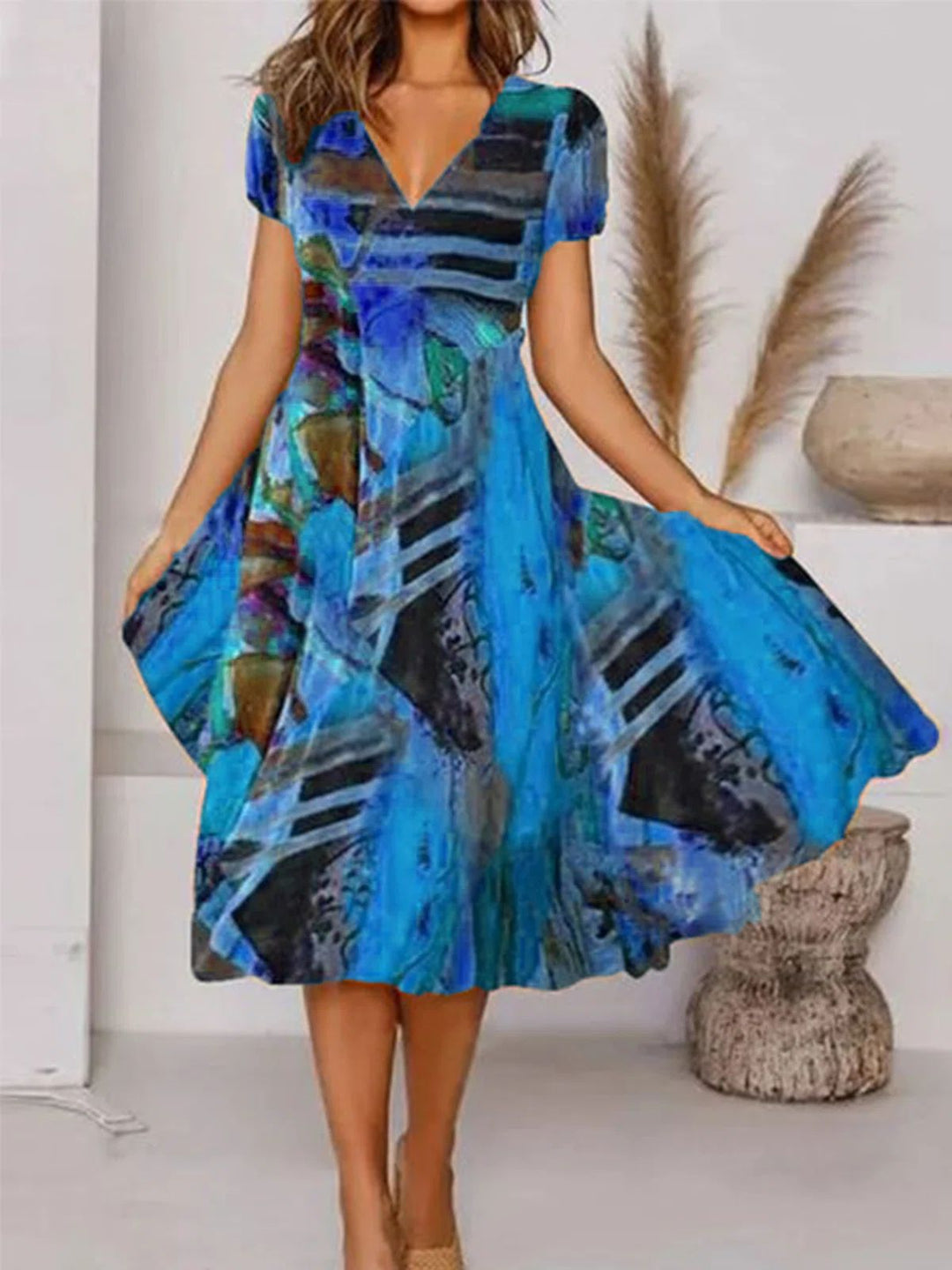 Women's V-Neck Midi Dress with Abstract Print