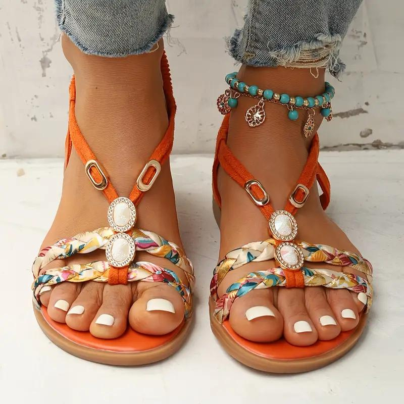 Women’s Slip-On Sandals with Multicolored Fabric Straps