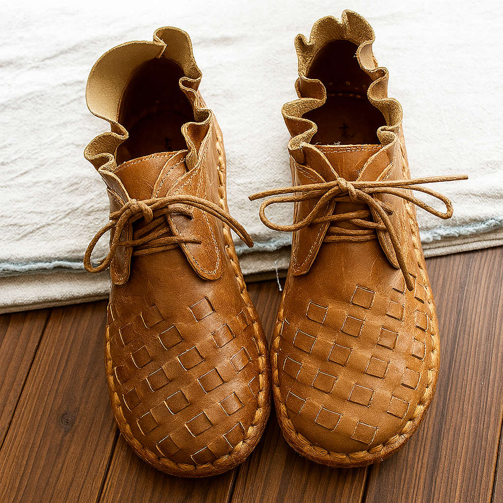 Retro Mori Girl Style with Artistic Flair Handmade Cowhide Flats