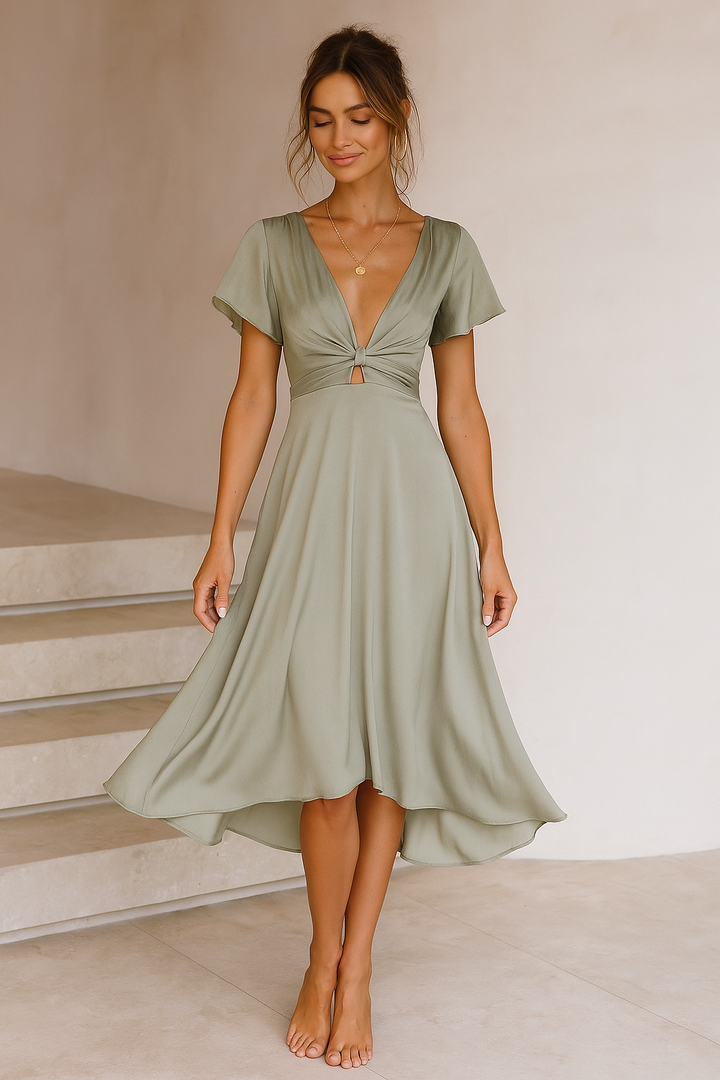 Women’s Midi Dress with Knot Detail and V-Neck