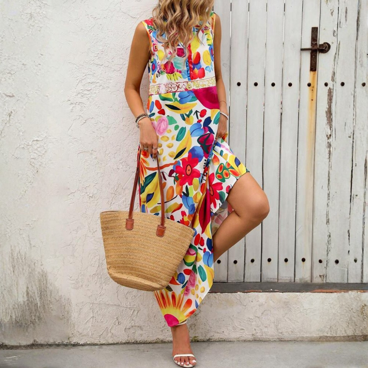 Women’s Colorful Floral V-Neck Sleeveless Dress