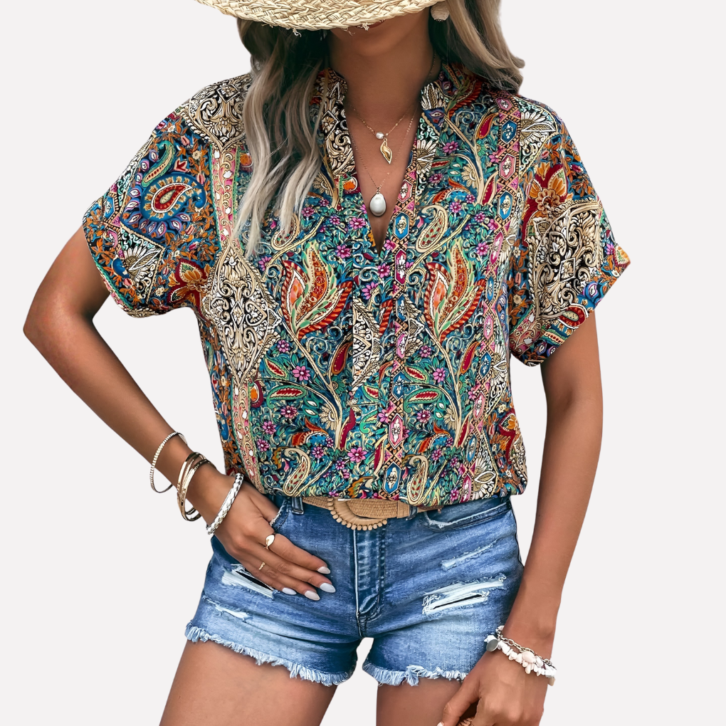 Women’s Casual V-Neck Paisley Print Drop-Shoulder Blouse