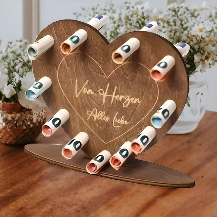 Heart-Shaped Wooden Love Letter & Cash Gift Box