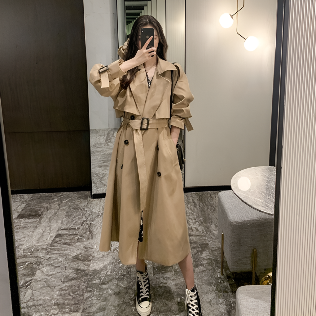 Long Trench Coat with Buttons for Women