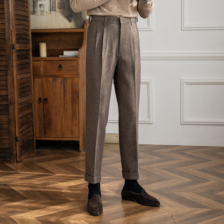 Men's High-Waisted Trousers with Side Buckle and Front Pleats