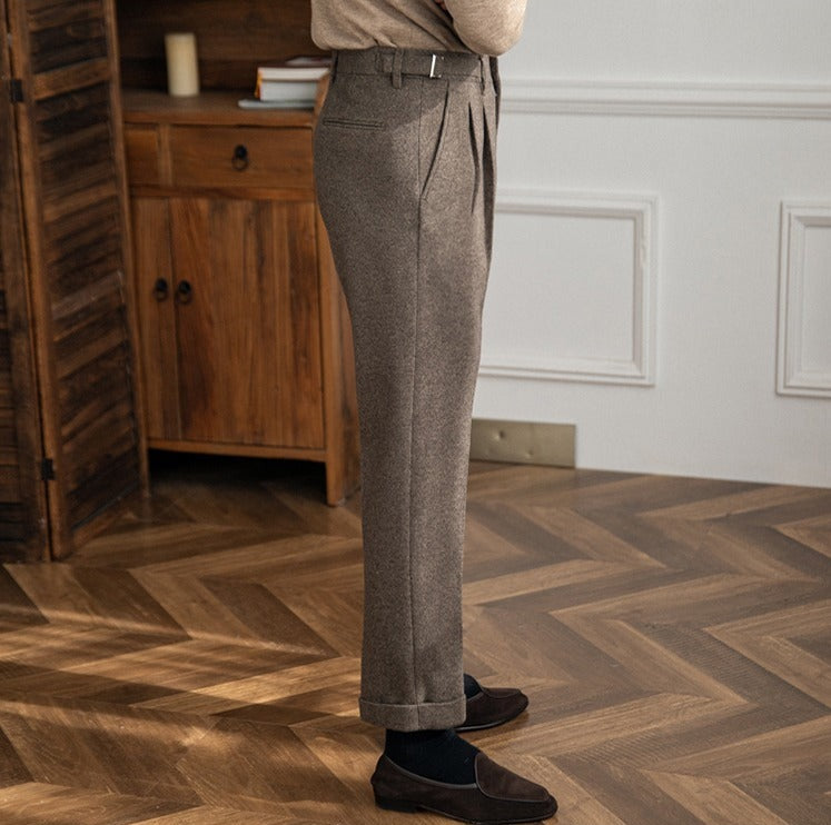 Men's High-Waisted Trousers with Side Buckle and Front Pleats