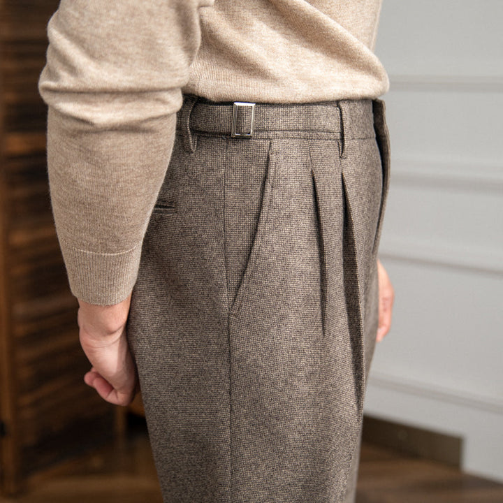 Men's High-Waisted Trousers with Side Buckle and Front Pleats