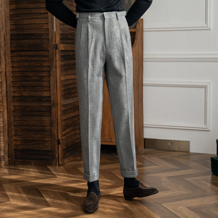 Men's High-Waisted Trousers with Side Buckle and Front Pleats