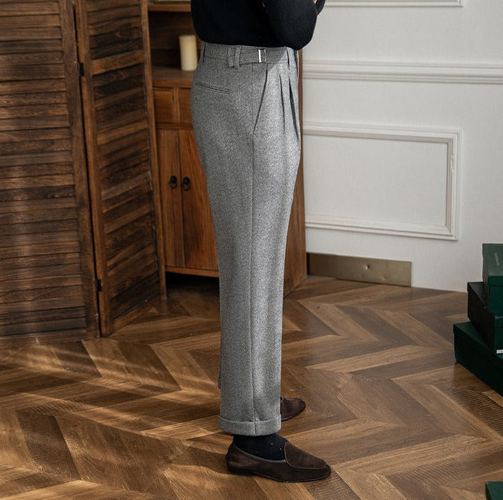 Men's High-Waisted Trousers with Side Buckle and Front Pleats